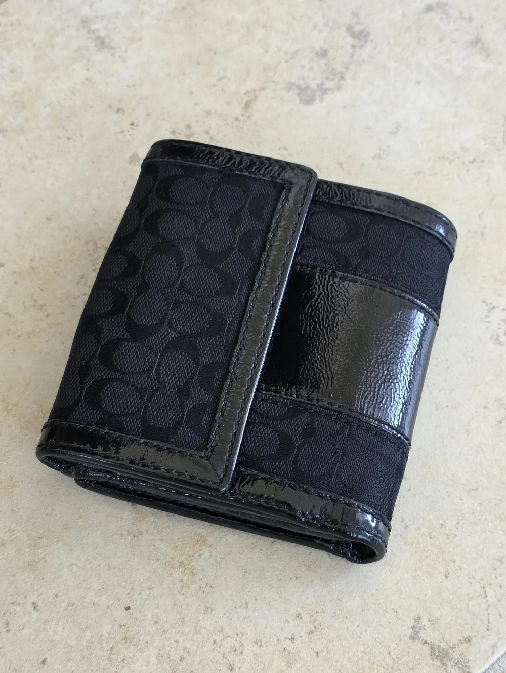 Coach Black Signature Canvas & Patent Leather Snap Card Holder